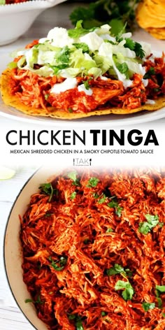 chicken tinga in a white bowl with cilantro and lime garnish