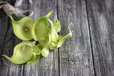 some green flowers sitting on top of a wooden table