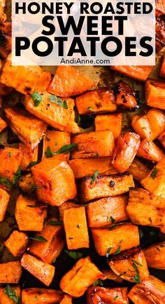 honey roasted sweet potatoes with text overlay