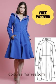 Paris Coat With Hood Sewing Pattern (Sizes 38-50 Eur) - Do It Yourself Winter Coat Pattern Sewing, Coat Dress Pattern, Womens Jacket Patterns Sewing, Sewing Coats Women, Rain Jacket Sewing Pattern, Princess Coat Pattern, Free Jacket Pattern, Coat Patterns Free, Jacket Patterns For Women Sewing