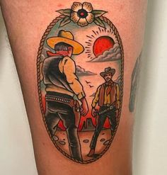 a tattoo on the leg of a man with a cowboy hat and two men holding hands