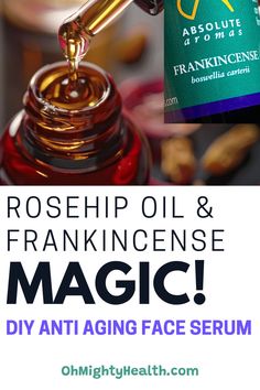 DIY anti aging face serum with frankincense. Text reads: Rosehip oil and frankincense magic! DIY anti aging face serum. All Natural Face Serums, Good Face Oils, Doterra Face Serum Recipe, Essential Oil Recipes For Skin Anti Aging Facial Serum, Diy Rosehip Oil Recipe, Diy Serum For Dry Skin, Better Than Botox Diy Anti Aging, Diy Face Oil Recipe