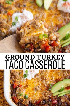 ground turkey taco casserole with avocado and sour cream