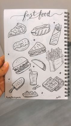 a hand holding up a notebook with food drawings on it and the words best food written in black ink