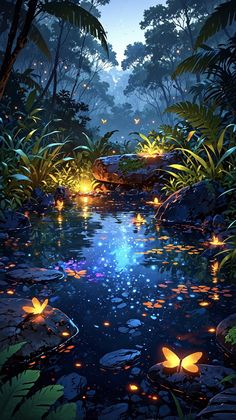 a stream in the middle of a forest filled with lots of plants and lit candles