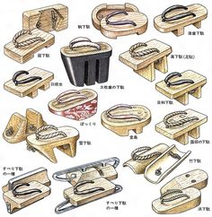 various types of shoes are shown in this drawing