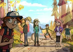 several cartoon characters standing on a path in the woods