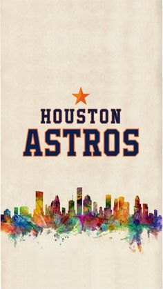 houston, texas skyline in watercolor with the word astros painted on it's side