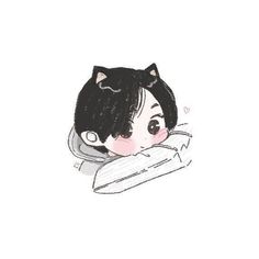 a drawing of a girl with black hair and cat ears on her head, peeking out from behind a pillow