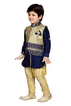 Make your boy look charming and trendy by buying him this 3-piece indo western suit set from AJ DEZINES. Made from silk cotton blend material, this boys ethnic wear set comprises a kurta, a waistcoat and a pair of pajama. The waistcoat has nehru collar, a full button placket and sleeveless that makes your boy look all the more stylish give traditional look. The fit is regular for boys clothing. This Kids dress is available in different colour blue, grey, royal blue, Navy Grey and maroon. You can Ethnic Wear For Boys, Kids Indian Wear, Kids Ethnic Wear, Western Suits, Indian Bollywood, Indian Outfit, Bollywood Fashion, Party Looks, Indian Wear