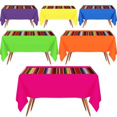 four tables with different colored tablecloths on top of each one, all in different colors