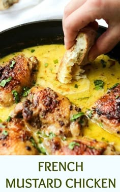 french mustard chicken recipe in a cast iron skillet with text overlay that reads, french mustard chicken recipe