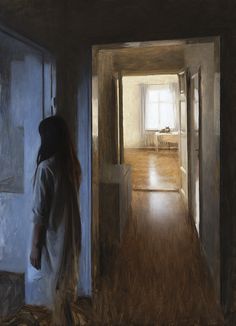 a painting of a person standing in an empty room looking at the light coming through