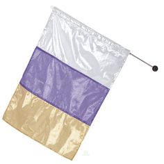 a purple and white flag hanging from a pole