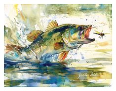 a painting of a fish jumping out of the water with a fly in it's mouth