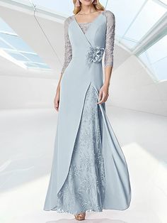 A-Line Evening Gown Elegant Dress Formal Floor Length 3/4 Length Sleeve V Neck Fall Wedding Guest Chiffon with Embroidery 2024 2024 - $119 Prom Gown Elegant, Evening Dresses Cocktail, Western Dresses