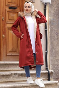 Red Coat, Beautiful Hijab, Color Tile, Blouse And Skirt, Parka, Trench Coat, Womens Dresses, Skirt, How To Wear