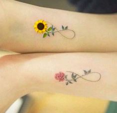 Sunflower Finger Tattoos For Women, Flower Tattoo Designs Sunflowers, Matching Tattoos Sunflower, Sunflower And Heart Tattoo, Small Color Tattoos For Women, Sunflower Infinity Tattoo, Sunflower Tattoo With Kids Names, Mini Wrist Tattoos For Women, Tiny Sunflower Tattoo Simple