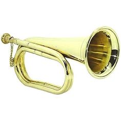 a brass colored trumpet is shown on a white background, with the horn facing forward