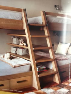 the bunk bed is made from wood and has two ladders on each one side