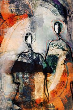 an abstract painting with two people standing next to each other