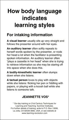 an advertisement with the words how body language indicates learning styles for visual learner information