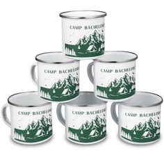 six camp bachelor mugs with mountains in the background