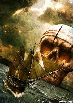 a painting of a pirate ship with a skull on it's head in the water