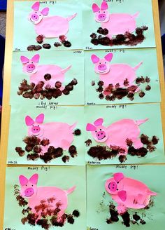 four pictures of pigs made out of paper on a piece of green and brown paper