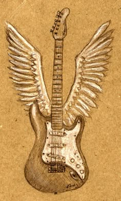 a drawing of an electric guitar with wings