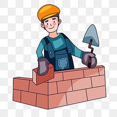 a bricklayer is working on the wall with an axue, cartoon character, hand drawn