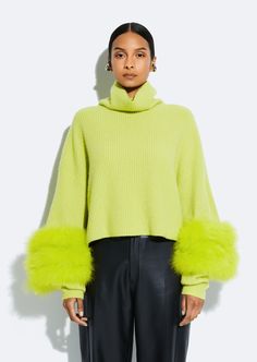 Cashmere Turtleneck Sweater With Marabou - LAPOINTE Feather Sweater, Luxury Long Sleeve Mohair Tops, Luxury Fitted Mohair Outerwear, Chartreuse Sweater, Fitted Mohair Turtleneck Sweater, Hot Pink Cardigan, Green Turtleneck, Bow Sweater, High Neck Sweater