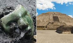 two pictures side by side one has a skull and the other has a large pyramid