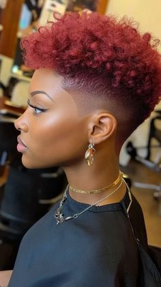 The burgundy taper cut is a bold and stylish choice that beautifully highlights your 4C texture! This eye-catching color combined with a chic cut adds a unique flair to your look, perfect for making a statement. Click the pin to explore more and follow us for fabulous hairstyle inspiration! #BurgundyTaperCut #Short4CHairstyles #NaturalHair #BoldStyles #ChicHair Short 4c Hairstyles, Short Burgundy Hair, Taper Cut, Short Fade Haircut, Natural Hair Woman, Shaved Side Hairstyles