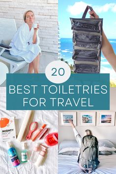 the top 20 best toiletries for travel are on display in this collage with images