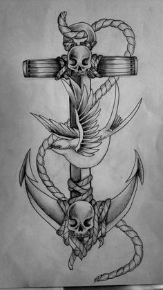 an anchor with a skull on it next to a drawing of a cross and rope