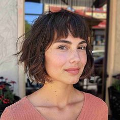 64 Chic Short Bob Haircuts with Bangs Cute Bob With Bangs Hairstyles, Short Bob With Short Fringe, Chin Bob With Bangs, Short Textured Bob With Bangs, Chin Length Bob Fine Hair, Baby Bangs Wavy Hair, Parisian Bob Round Face, Short Bob Curtain Bangs, Wavy Short Hair With Bangs