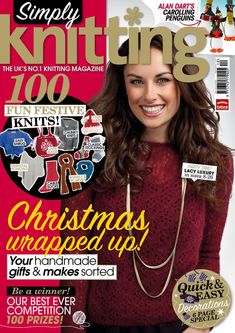 the cover of simply knitting magazine with a smiling woman wearing a red sweater and black pants