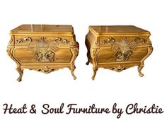 two gold chests with ornate designs on them and the words heat & soul furniture by christe