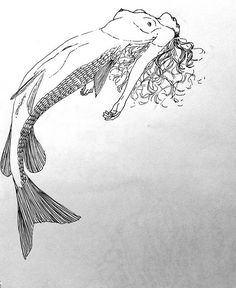 a black and white drawing of a woman swimming with a fish in her mouth,