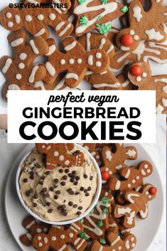 the perfect vegan gingerbread cookies with chocolate chips and frosting on a white plate