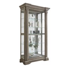 a large glass display case with silver trimmings and shelves on the front side