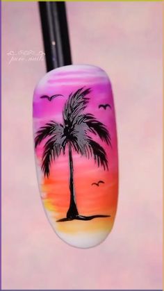 Tropical summer nails! 🌴 such a fun design. Are you heading somewhere tropical? This design would be the perfect way to celebrate your your vacation! 

Using #everythingmagpie 
 • -PLAIN JANE 
 • -BOBBY DAZZLER
 • -ICE LOLLY
 • -JUNE BUG
 • -HANNAH BANANA
 • -VELVET TOP
 • -BLACK gel paint Matte Nail Art Designs Simple, Tropical Beach Nail Designs, Palm Trees Nail Art, Nail Design Ideas For Beginners, Palm Tree Nail Art Tutorial, Acrylic Nail Painting Ideas, Easy Tropical Nails, Nail Art Vacation, New Nail Art Design 2023