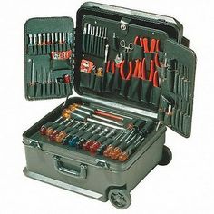 an open tool box filled with tools on wheels