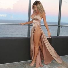 Sexy Hot Sale Slim Prom Dress One Piece Dress sold by girl clothing on Storenvy Md Dresses, Golden Decoration, Satin Evening Gown, American Dress, Satin Dress Long, Dress Sleeve Length, Elegant Maxi Dress, Split Dress, Sling Dress