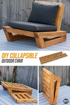 diy collapsible outdoor chair made out of pallet wood and black cushions