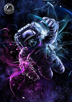 an astronaut floating in space with purple and blue colors