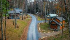 an aerial view of several small cabins in the woods with trees surrounding them and a winding road running between them