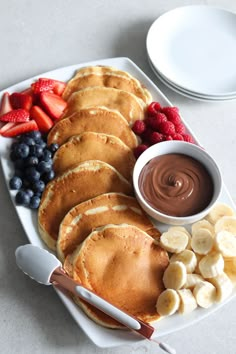 pancakes, fruit and chocolate sauce on a white plate with spoons next to it