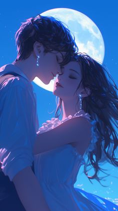 a couple kissing in front of the moon